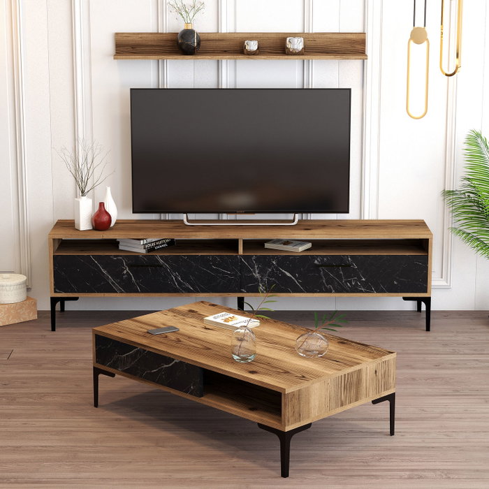 Hanah Home Istanbul Conjunto de Muebles de Salón Nogal y Mármol Negro
